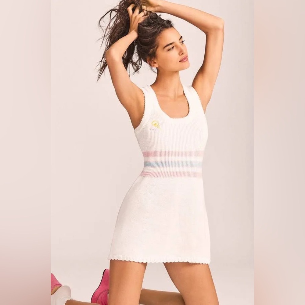 LoveShackFancy White Knit Mini Dress with Pastel Stripe